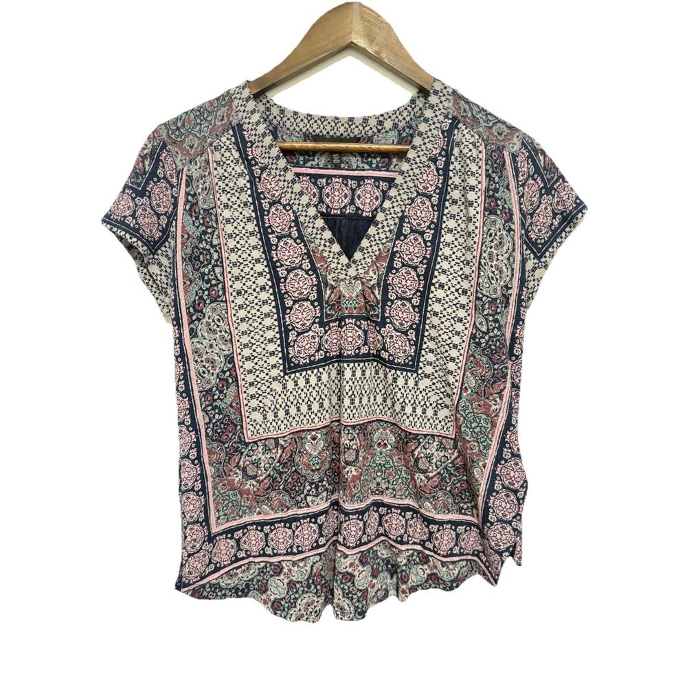 Lucky Brand Small Paisley Boho Blouse Cotton Linen V Neck Peasant Top